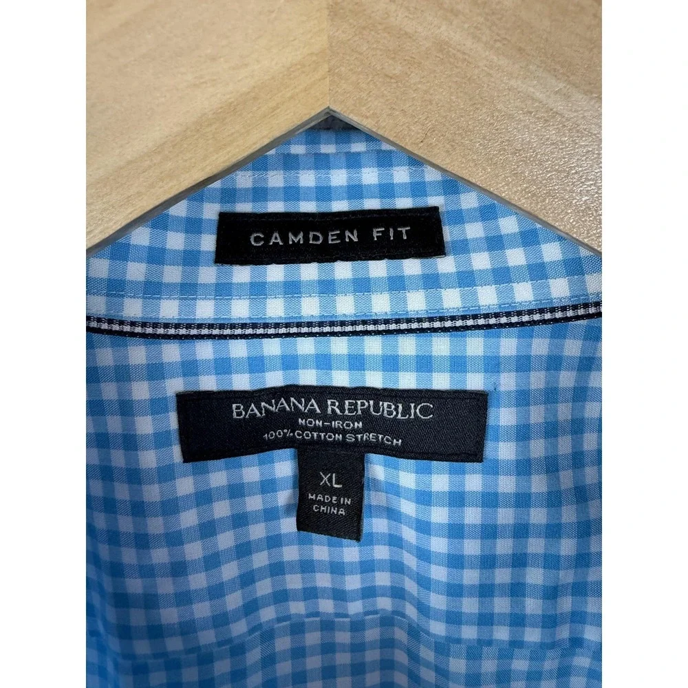 Banana Republic Dress Shirt Mens XL 17-17.5 Blue Gingham Non Iron Camden Fit Men